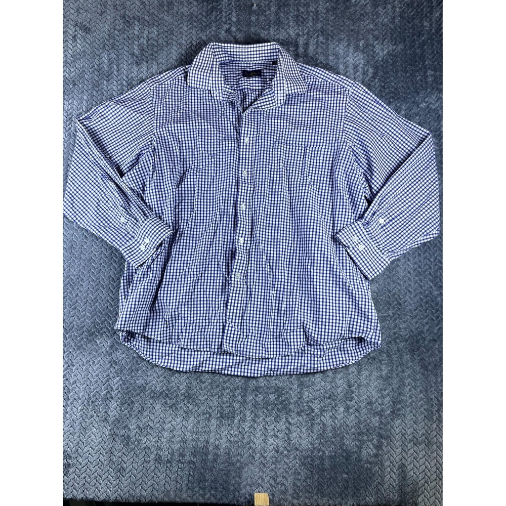 Club Room Dress Shirt Mens 17.5 Blue Cotton Gingham Regular Fit Formal Business